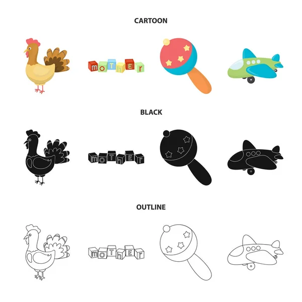 Niños juguete de dibujos animados, negro, iconos de contorno en la colección de conjuntos para el diseño. Juego y bauble vector símbolo stock web ilustración . — Archivo Imágenes Vectoriales