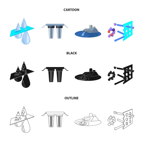 Filtr, filtracja, natura, eko, bio. System filtracji wody zestaw kolekcji ikon w kreskówki, czarny, zarys styl wektor symbol ilustracji w sieci web. — Wektor stockowy