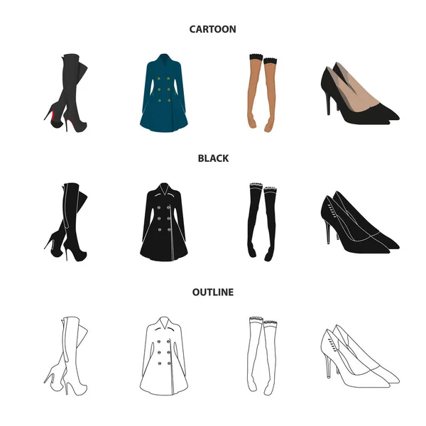 A nők magas csizma, kabátok, gombok, harisnya, egy gumiszalag mintával, magas sarkú cipő. Nők ruházat set gyűjtemény ikonok, rajzfilm, fekete, vázlat stílusú vektor szimbólum stock illusztráció — Stock Vector