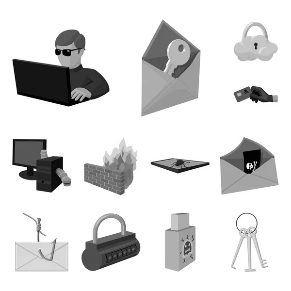 Hacker e hacking icone monocromatiche nella collezione set per il design. Hacker e attrezzature vettoriale simbolo stock web illustrazione . — Vettoriale Stock