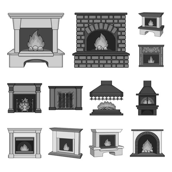 Diferentes tipos de lareiras ícones monocromáticos na coleção de conjuntos para design.Fireplaces construção vetor símbolo web ilustração . — Vetor de Stock