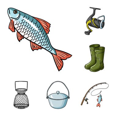 Balıkçılık ve diğer set koleksiyonu tasarım için simgeleri karikatür. Vektör simge stok web illüstrasyon Balık tutma için mücadele.