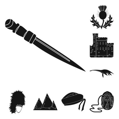 Set koleksiyonu tasarım için ülke İskoçya siyah simgeler. Gezi, kültür ve gelenek sembol stok web illüstrasyon vektör.