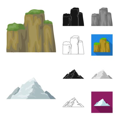 Farklı dağlar çizgi film, siyah, düz, siyah-beyaz anahat simgeleri set koleksiyonu tasarım için. Dağlar ve yatay sembol stok web illüstrasyon vektör.