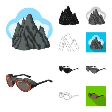 Dağcılık ve çizgi film, siyah, düz, tek renkli, tırmanma set koleksiyonu tasarım için simgeleri anahat. Ekipman ve aksesuarları sembol stok web illüstrasyon vektör.