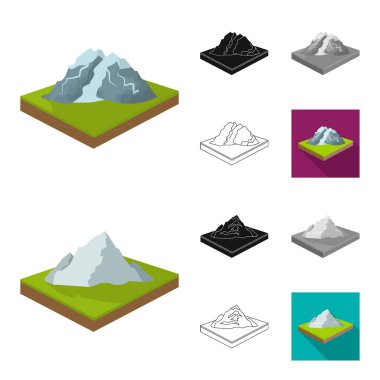 Dağlar, büyük çizgi film, siyah, düz, siyah-beyaz anahat simgeleri set koleksiyonu tasarım için. Dünya vektör izometrik sembol stok web Çizim yüzeyi.