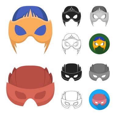 Karnaval maskesi çizgi film, siyah, düz, siyah-beyaz anahat simgeleri set koleksiyonu tasarım için. Göz ve yüz vektör simge stok web illüstrasyon maske.