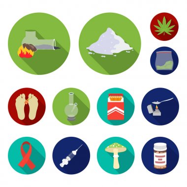 Uyuşturucu bağımlılığı ve öznitelikleri set koleksiyonu tasarım için simgeleri düz. Sembol stok web illüstrasyon vektör bağımlısı ve uyuşturucu.