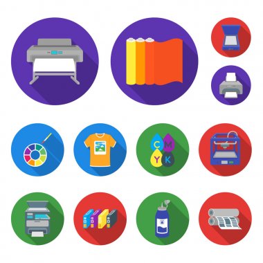 Matbaa ürünleri set koleksiyonu tasarım için simgeleri düz. Sembol stok web illüstrasyon vektör yazdırma ve ekipman.