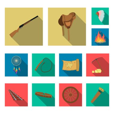 Vahşi Batı düz simgeler set koleksiyonu tasarım için öznitelikleri. Texas ve Amerika sembol stok web illüstrasyon vektör.