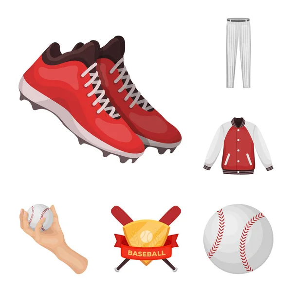 Baseball och attribut tecknad ikoner i set samling för design. Basebollspelare och utrustning vektor symbol lager web illustration. — Stock vektor