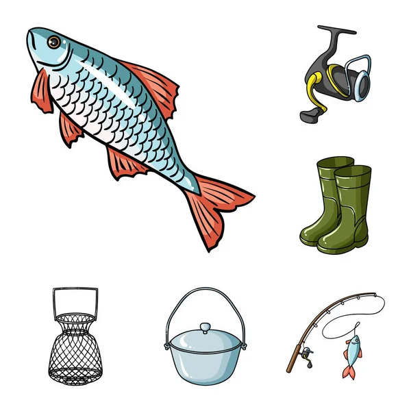 Pesca e descanso ícones dos desenhos animados na coleção de conjuntos para o design. Tackle for fishing vector symbol stock web illustration . —  Vetores de Stock