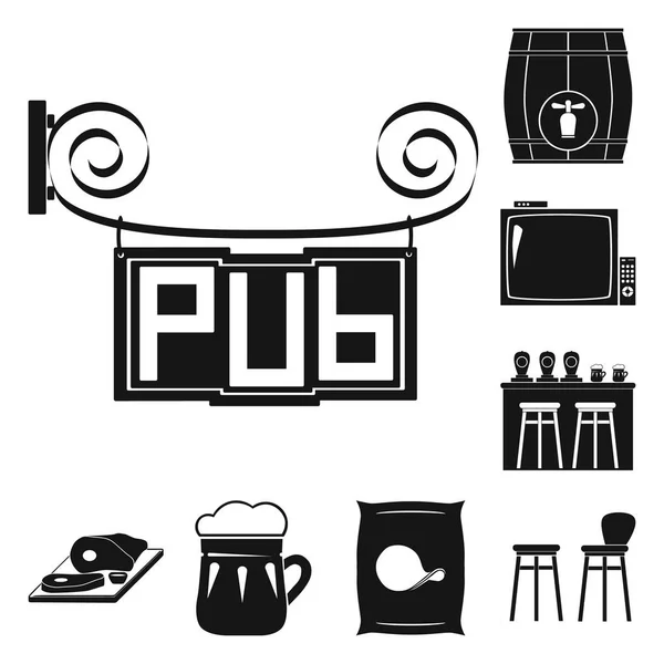 Pub, interni e attrezzature icone nere nella collezione set per il design. Alcol e cibo vettoriale simbolo stock web illustrazione . — Vettoriale Stock