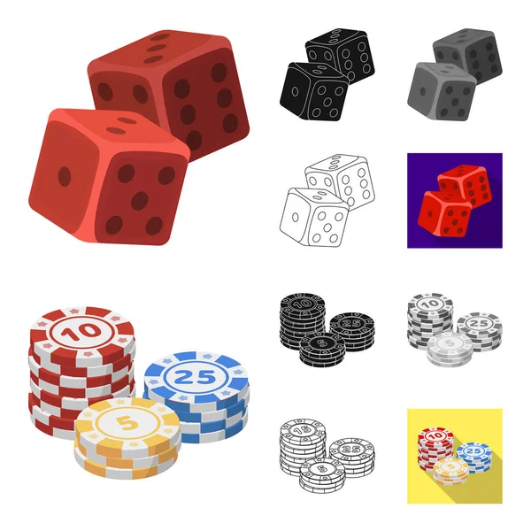 Casino y juegos de azar de dibujos animados, negro, plano, monocromo, esbozar iconos en la colección de conjuntos para el diseño. Casino y equipo vector símbolo stock web ilustración . — Vector de stock