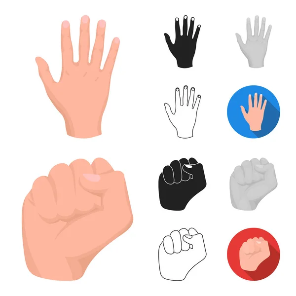 Dessin animé geste main, noir, plat, monochrome, icônes contour dans la collection set pour le design. Palme et doigt vecteur symbole stock illustration web . — Image vectorielle