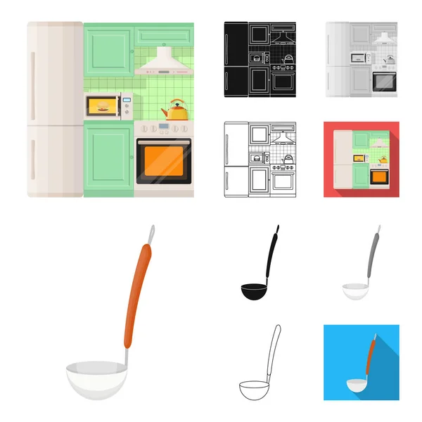 キッチン機器漫画、ブラック、フラット、モノクロ、アイコン デザインのセットのコレクションの概要を説明します。キッチンとアクセサリーのベクトル シンボル ストック web イラスト. — ストックベクタ