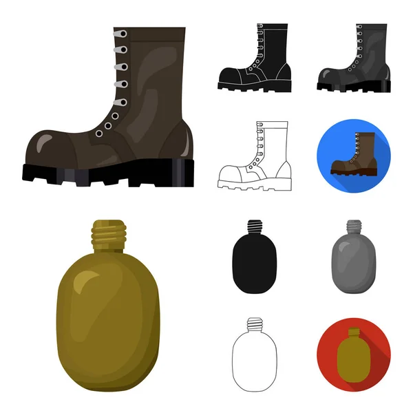Armén och rustningen tecknad, svart, platt, monokrom, skissera ikoner i set samling för design. Vapen och utrustning vektor symbol lager web illustration. — Stock vektor
