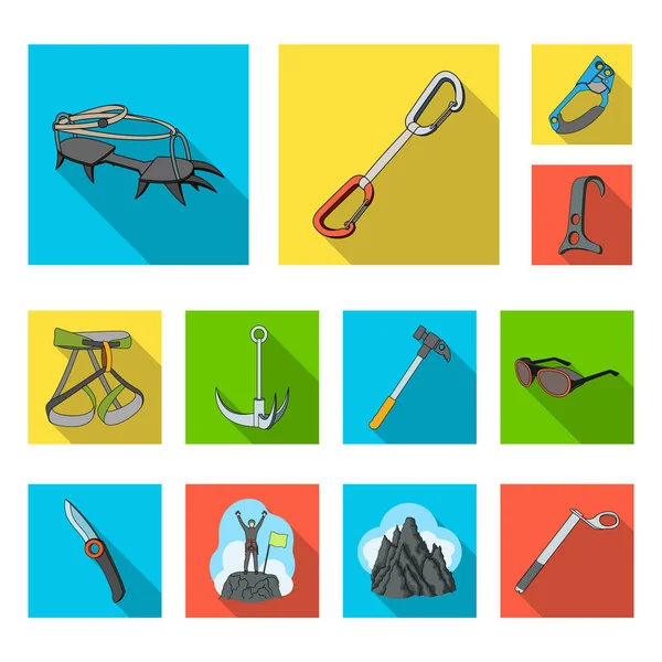 Hegymászás és a hegymászás lapos ikonok beállítása gyűjtemény a design. Berendezések és tartozékok, vektor szimbólum állomány honlap illusztráció. — Stock Vector