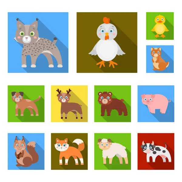 Iconos planos de animales de juguete en la colección de conjuntos para el diseño. Pájaro, depredador y herbívoro vector símbolo stock web ilustración . — Vector de stock