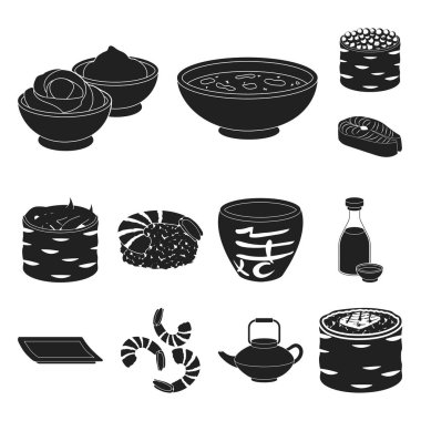 Suşi ve set koleksiyonu tasarım için siyah simgeler baharat. Deniz ürünleri gıda, Aksesuar vektör simge stok web çizimi.