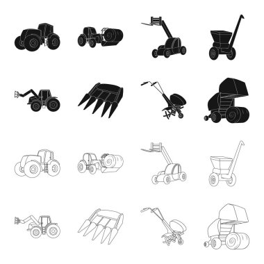 Motoblock ve diğer tarım cihazlar. Tarım makineleri toplama simgeler siyah, anahat stili vektör simge stok çizim web içinde ayarla..