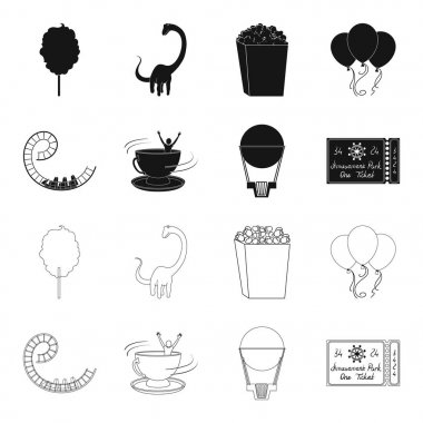 Roller coaster binmek, balon sepet, caruelle Kupası, parkın girişinde bir bilet ile. Eğlence Parkı toplama simgeler siyah, anahat stili vektör simge stok çizim web içinde ayarla..