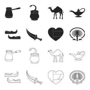 Doğu ayakkabı, hançer, emirates, kalbinde Palm Jumeirah.Arab Emirlikleri ayarla koleksiyon simgeler siyah, anahat stili vektör simge stok çizim web içinde.