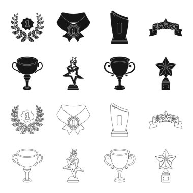 Gümüş Kupası ikincilik için stand, bir yıldız, bir gold Kupası ile bir fincan altın yıldız. Ödülleri ve kupa toplama simgeler siyah, anahat stili vektör simge stok çizim web ayarla.