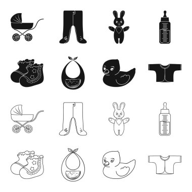 Çorap, önlük, oyuncak ördek, raspashonka. Bebek set simgeler siyah, anahat stili vektör simge stok çizim web içinde tarihi..