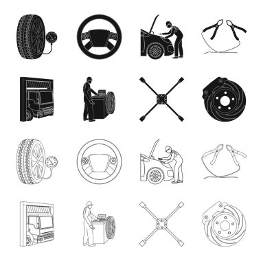 Tekerlek Dengeleme, somun anahtarı ve fren siyah disk, set koleksiyonu tasarım için simgeleri anahat. Araba bakım istasyonu vektör simge stok çizim web.