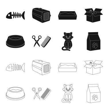 Gıda, bir kedi, hasta bir kedi, bir paket beslemeleri için saç kesimi ile bir kase. siyah set toplama simgeler stil vektör simge stok çizim web anahat.