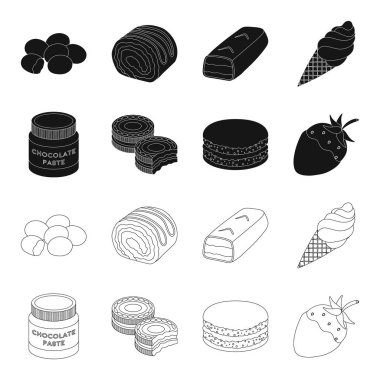 Çikolatalı pasta, bisküvi, çilek, çikolata, hamburger. Çikolatalı tatlılar toplama simgeler siyah, anahat stili vektör simge stok çizim web içinde ayarla..