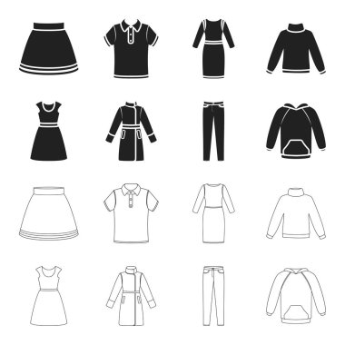 Elbise kısa kollu, pantolon, Mont, raglan ile. Giyim toplama simgeler siyah, anahat stili vektör simge stok çizim web içinde ayarla..