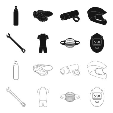 Bir İngiliz anahtarı, bir bisikletçi kemik, bir yansıtıcı, bir zamanlayıcı. Bisikletçi kıyafet toplama simgeler siyah, anahat stili vektör simge stok çizim web içinde ayarla..