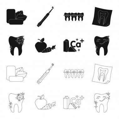 Pırıl pırıl, bir elma bir kutu, peynir ve kalsiyum belirtisi, gülümseyen bir diş süt dişler için yararlı havuç ile parlak ile bir diş. Diş Bakımı toplama simgeler siyah, anahat stil vektör ayarla.