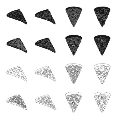 Bir dilim pizza farklı malzemelerle. Farklı pizza toplama simgeler siyah, anahat stili vektör simge stok çizim web içinde ayarla..