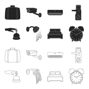 Resepsiyon, çalar saat, yatak, duş, arayın. Otel toplama simgeler siyah, anahat stili vektör simge stok çizim web içinde ayarla..