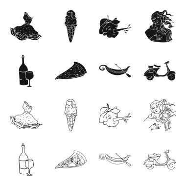 Bir şişe şarap, bir parça pizza, bir gundola, bir scooter. İtalya toplama simgeler siyah, anahat stili vektör simge stok çizim web içinde ayarla..