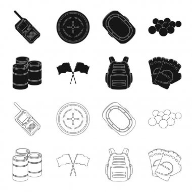 Koruyucu yelek, eldiven ve diğer ekipmanlar. Paintball tek simge siyah, anahat stili vektör simge stok çizim web içinde.