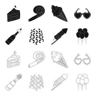 Şampanya, havai fişek ve parti diğer aksesuarları. Parti ve partits simgeler siyah, anahat stili vektör simge stok çizim web ayarla.