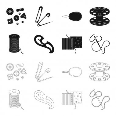 Bir makara ile konu, bir iğne, bir curl, kumaş dikiş. Dikiş veya araçları terzilik toplama simgeler siyah, anahat stili vektör simge stok çizim web ayarla.