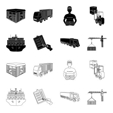 Deniz taşıma, imzasını teslimat belgeleri, kamyon, kule ile Konteyner Vinç. Lojistik ve dağıtım toplama simgeler siyah, anahat stili izometrik vektör simge stok çizim web ayarla.