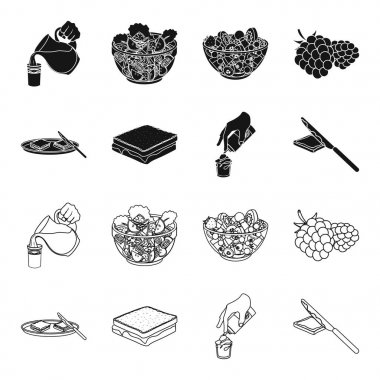 Tatlı krema, bir sandviç ve diğer gıda ile. Yiyecek toplama simgeler siyah, anahat stili vektör simge stok çizim web içinde ayarla..