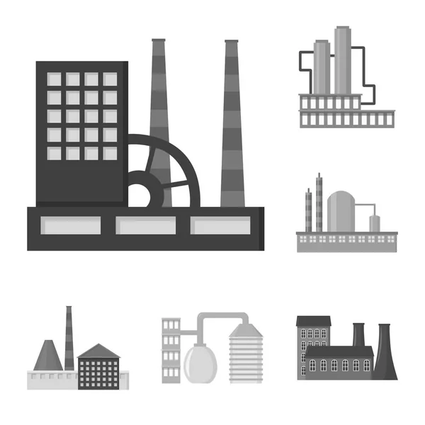 Fabriek en faciliteiten zwart-wit pictogrammen in set collectie voor design. Fabriek en apparatuur symbool voorraad web vectorillustratie. — Stockvector