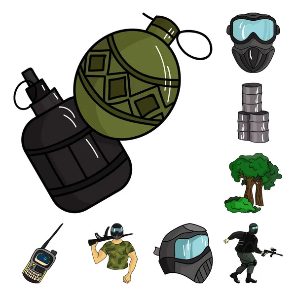 Paintball, iconos de dibujos animados juego de equipo en la colección de conjuntos para el diseño. Equipo y equipo vector símbolo stock web ilustración . — Archivo Imágenes Vectoriales