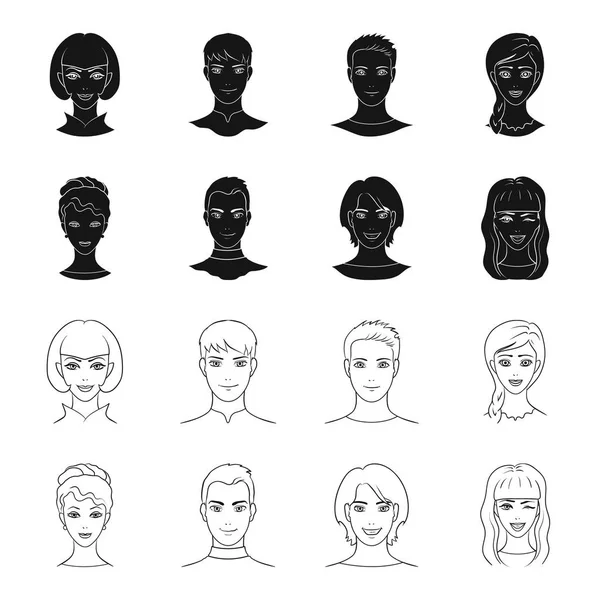 Diferentes olhares de jovens pessoas.Avatar e ícones de coleção de conjuntos de rosto em preto, esboço estilo vetor símbolo estoque ilustração web . — Vetor de Stock