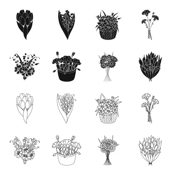 Um buquê de flores frescas preto, ícones de contorno na coleção de conjuntos para design. Vários buquês símbolo vetorial web ilustração . —  Vetores de Stock