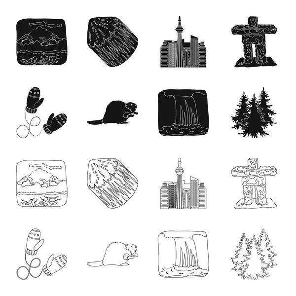 カナダのモミ、ビーバーおよび Canada.Canada の他のシンボルは黒、アウトライン スタイルのベクトル シンボル ストック イラスト web でコレクション アイコンを設定. — ストックベクタ