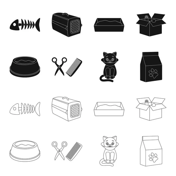 Un tazón con comida, un corte de pelo para un gato, un gato enfermo, un paquete de alimentos. en el conjunto de iconos de colección en negro, contorno estilo vector símbolo stock ilustración web . — Archivo Imágenes Vectoriales