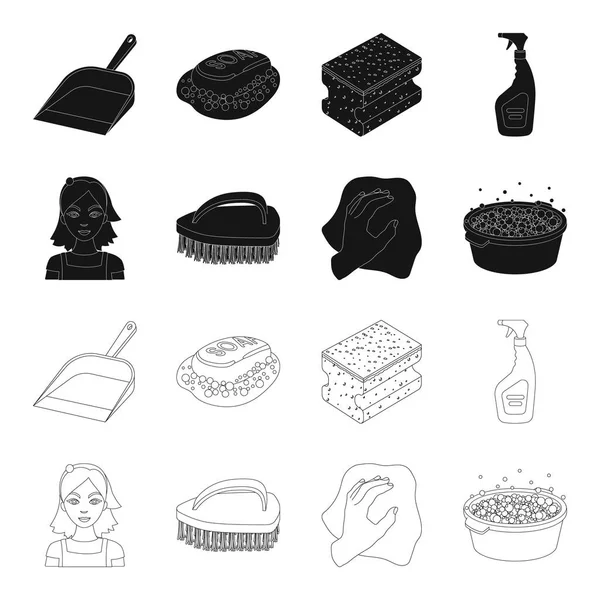 A cleaning woman, a housewife in an apron, a green brush, a hand with a rag, a blue wash hand basin with foam. Cleaning set collection icons in black,outline style vector symbol stock illustration web — Stock Vector